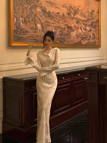 Sheath Scoop Long Sleeves Floral Ivory Silk Satin Long Prom Dresses Birthday Outfits SD297